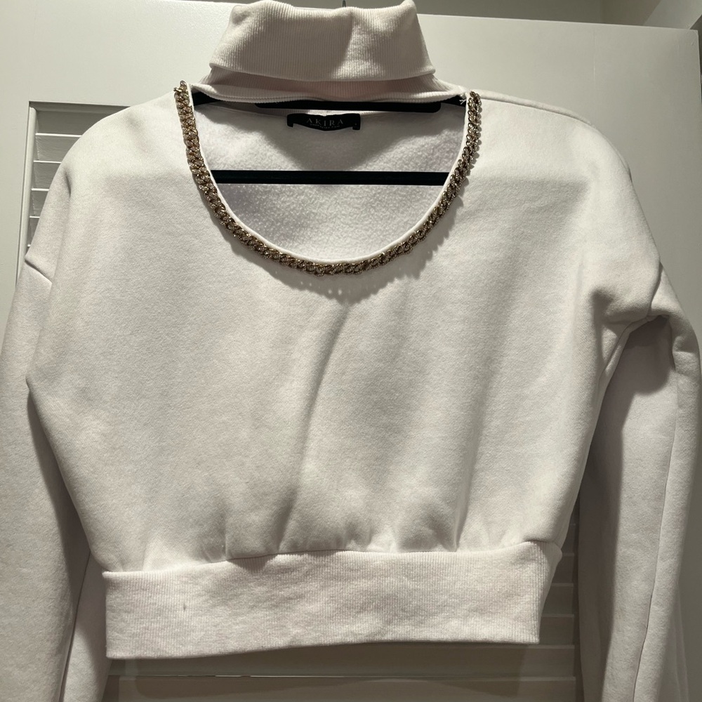 AKIRA White Crop sweatshirt with Gold Chain Accent — Worn Twice